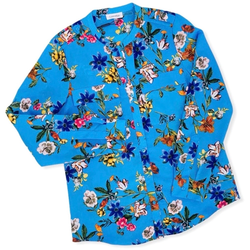 Calvin Klein Georgette Floral Blouse Roll-Sleeves Pockets Long Sleeve Blue - Picture 2 of 10